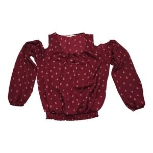 Maurices Cold Shoulder Blouse Burgundy Diamond Print Women's Size L Festival